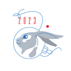 Banner with the date 2023 and a rabbit head. The symbol of the Chinese New Year according to the Eastern calendar. Holiday greeting, poster with a hare. Vector illustration with animal silhouette. - 541264579