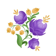 Floral composition in folk style. Blue flowers and cereals. Watercolor painting on isolated background