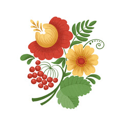 A stylized bouquet in folk style. Flowers and a branch of red berries. Watercolor drawing on isolated background