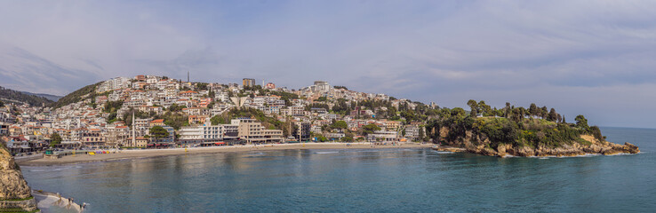 Amazing view on Ulcinj town in Montenegro. Clock Tower of Ulcinj Sahat Kulla. Lami Mosque. Ulcinj is a popular tourist destination in the summer on the southern Adriatic coast of Montenegro. Ulqin