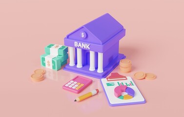 Fototapeta na wymiar 3d bank icon with money stack, calculator and financial Documents. Online banking, money-saving, bank finance, financial business, public Finance. Money transaction concept. 3d render illustration