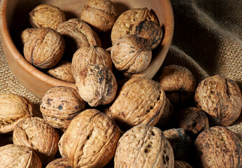 dried shelled walnuts on burlap background