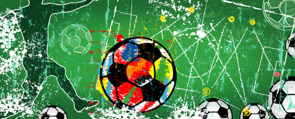 grungy soccer or football illustration with goal getter, soccer ball and rough texture, great soccer event this year. © Thomas Bethge