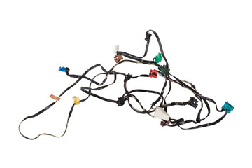 A cable of matted wires of different colors with connectors in the electrical wiring of the car....