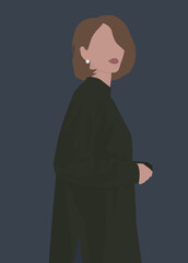 Vector flat image of a lady with a short haircut in a green sweater. Dark background. Young girl. Design for postcards, avatars, textiles, posters, banners, backgrounds, posters.