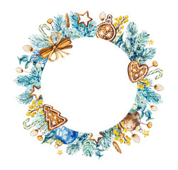 Christmas watercolor round frame template with fir branches, Christmas balls, stars, berries, gingerbread, plants, garland.  Watercolor hand drawn illustration for poster, packaging, designs, cards