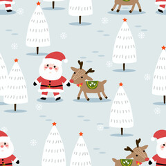 Santa Claus and Reindeer in Christmas Winter Seamless Pattern