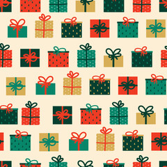 Vector seamless repeat pattern with christmas presents, perfect for wrapping paper, scrapbooking. Xmas gifts