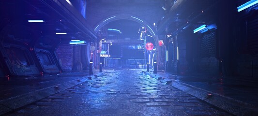 Photorealistic 3d illustration of the futuristic city in the style of cyberpunk. Empty street with neon lights. Beautiful night cityscape.