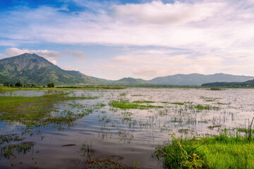 view of Chu Dang Ya volcano mountain and lake near Ngo Son village, Pleiku city, Gia Lai province, Vietnam