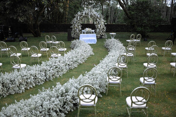 Wedding Decoration White and purple Flower, Fairytales with Nightsky stars outdoors. Elegance and natural grass.