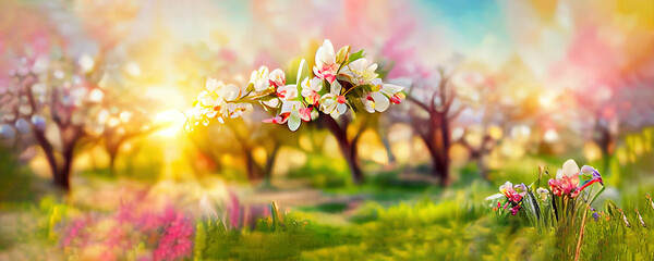 Abstract springtime panorama header with cherry blossom tree