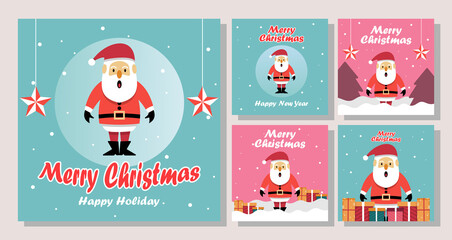 Christmas Post Feed For Social Media Template With Santa Cartoon Style Illustration.