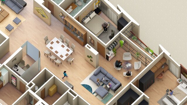 3 bedroom apartment isometric view 3d render