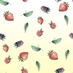 Vintage seamless watercolor pattern. Berry set - raspberries, blackberries, Strawberry, wild strawberries, green leaves, branches. Graphic background, trendy line design. Botanical illustration. 