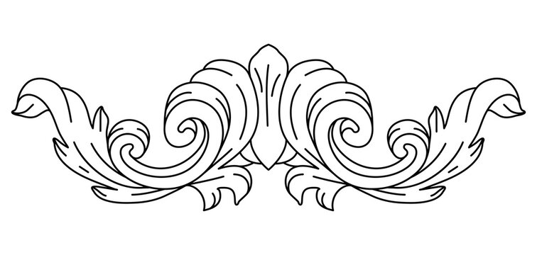 Decorative floral element in baroque style. Engraved black curling plant.