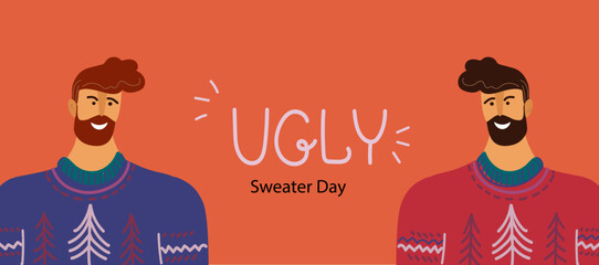  Christmas Jumper Day,National Ugly Christmas Sweater Day.Vector flat doodle cartoon banner