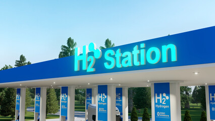 Hydrogen fuel car charging station white color visual concept design.  Power chargering station. 3d Rendering. 
