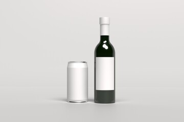 3d render mockup bottles of wine or champagne and mockup empty white tin,  with an empty label with a place for design