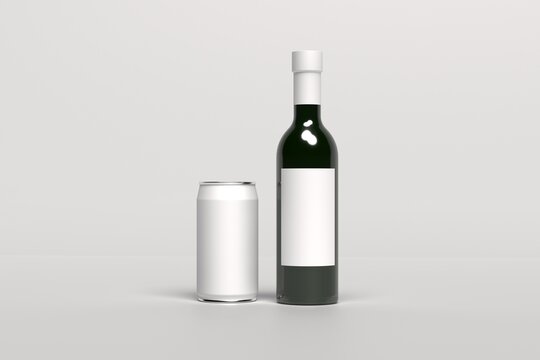 3d render mockup bottles of wine or champagne and mockup empty white tin,  with an empty label with a place for design