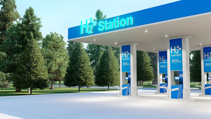 Hydrogen charging gas station. Hydrogen Refueling The Car On The Filling Station For Eco Friendly Transport. 3D Animation, 4K Ultra Hd.