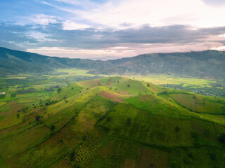 Aerial view of Chu Dang Ya volcano mountain with Da Quy flower or Tithonia diversifolia flower near Pleiku city, Gia Lai province, Vietnam