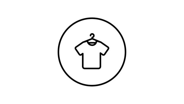 T-Shirt, clothing piece, hanger,  in circle black and white outline button, line icon vector illustration video animation, self drawing.