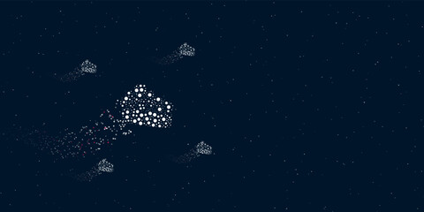 Fototapeta na wymiar A piece of cake symbol filled with dots flies through the stars leaving a trail behind. There are four small symbols around. Vector illustration on dark blue background with stars