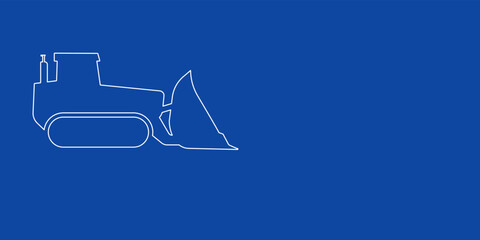 A large white outline bulldozer symbol on the left. Designed as thin white lines. Vector illustration on blue background © Alexey
