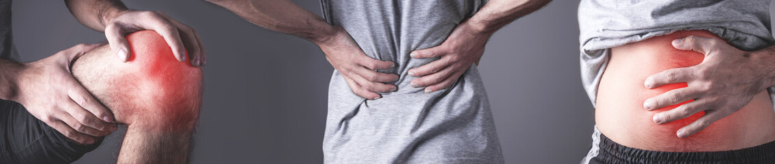 Naklejka premium Caucasian man suffering from back, stomach, knee pain.