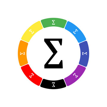A large black sigma symbol in the center, surrounded by eight white symbols on a colored background. Background of seven rainbow colors and black. Vector illustration on white background