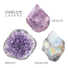 Third eye chakra crystals set. Watercolor chakra stones, healing crystals, talismans. Amethyst Lepidolite Moonstone gemstones isolated on white background. Hand painted gems