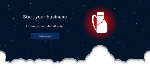 Business startup concept Landing page screen. The travel backpack symbol on the right is highlighted in bright red. Vector illustration on dark blue background with stars and curly clouds from below