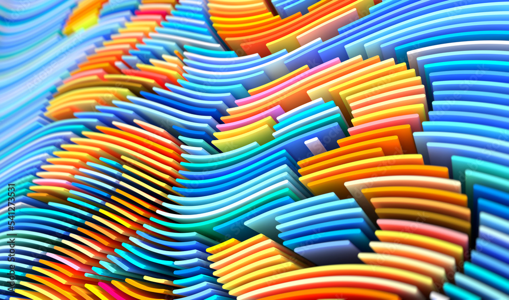 Poster 3d render abstract background of smooth lines of spline figures 2023 multicolor waves with deep of f