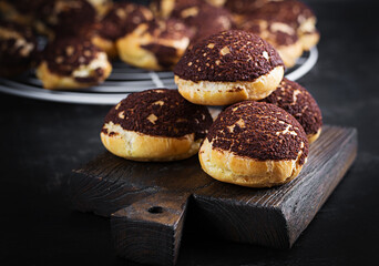 Shu Cake. Tasty profiterole with cream on the plate.  Copy space.