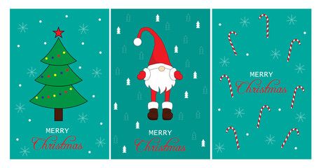 Seasonal greetings. Christmas Scandinavian cards. Cute little gnome in a red cap. Merry Christmas and Happy New Year. Vector illustration in cartoon style. Vintage postcard Noel