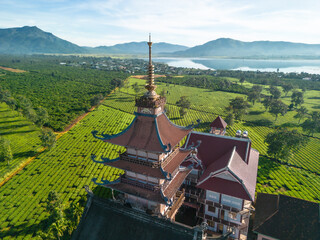 Aerial view of Buu Minh pagoda near Pleiku city, Gia Lai province, Vietnam. Morning views of pagoda...