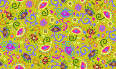 Naklejka premium Seamless psychedelic floral yellow pattern. Pink and green flower eyes on green background. Bed linen and apparel textile. Wrapping and gift paper. Cover books and scrapbooking.