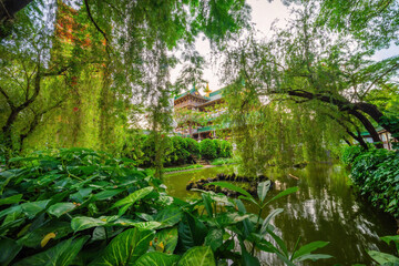 Fototapeta premium view of Minh Thanh pagoda, a majestic Buddhist architectural structure in Pleiku city, Gia Lai province, Vietnam, text in photo mean peace, compassion, forgiveness. Travel concept