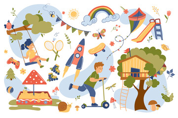 Playground concept isolated elements set. Collection of girl riding swing, boy riding scooter, games in sandpit, treehouse, roller skates, kite and other. Illustration in flat cartoon design