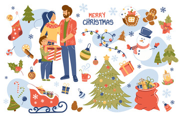 Fototapeta na wymiar Merry Christmas concept isolated elements set. Collection of family celebrating holiday together, tree, gift bag, sleigh, snowman, festive decor and other. Illustration in flat cartoon design