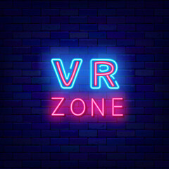Fototapeta na wymiar VR zone neon signboard. Game design. Virtual reality play room. Shiny banner. Vector illustration