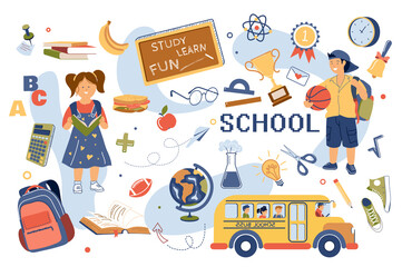 Study at school concept isolated elements set. Collection of girl reads textbook, boy with ball, school bus, blackboard, backpack, globe, books and other. Illustration in flat cartoon design