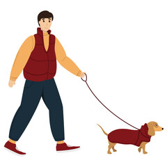 Man walking with his cute dog. Dachshund. Happy pet owner. Vector illustration