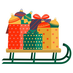 Sledge with Christmas gifts and decorations. New Year. Christmas. Vector illustration