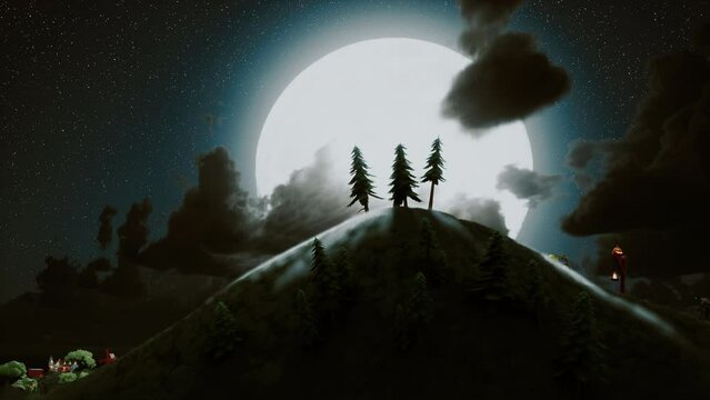 A group of monsters is running against the background of a full moon. Halloween night. Concept of video postcard. Beautiful concept of Halloween night.