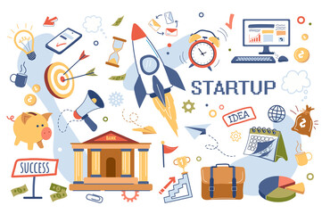 Startup concept isolated elements set. Collection of launching a new project, business analytics, bank loan, investments, targeting, strategy and other. Illustration in flat cartoon design