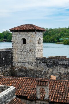 Medieval lookout point of Castle of San Felipe of Lara, Rio Dulce, Guatemala, vertical