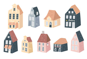 Big vector set, collection of amsterdam, holland houses, building isolated on white.