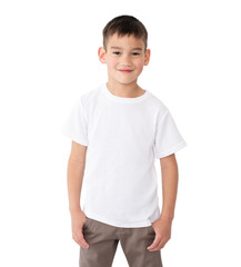 T shirt mock up. Smilling little boy in blank white t-shirt isolated on a white background.